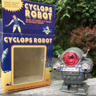 1995 Vintage Accoutrements Cyclops Robot Wind Up Silver Plastic Toy W/ Box 10074