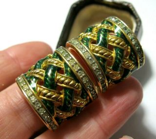 Vintage Jewellery Large Emerald Green Enamel Crystal Earrings (clip On)