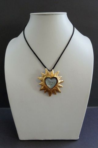 Vtg Alexis Lahellec French Designer Gold Tone Heart in Sun Pendant Necklace 2