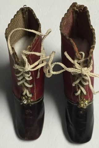 Authentic Antique Jj Fashion Doll Boots Leather,  Wood Heels Marked J J,  2.  75”