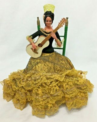 Vintage Marin Chiclana Spanish Flamenco Dancer Doll Sitting W Guitar & Chair