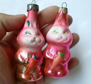 2 Vintage Russian Silver Glass Ussr Christmas Xmas Ornament Decorations Rabbits