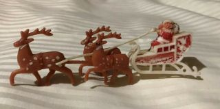 Vintage 1920’s Celluloid Santa Claus In Sleigh & 3 Reindeer Christmas Antique
