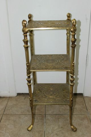 Vtg Antique Brass 3 Tier Cherubs Table Plant Stand With Club Feet
