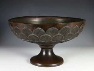 Large Old Chinese Bronze Bowl With Relief Lotus And Mark
