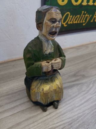 Vintage Carved And Painted 9 " Wood Figure Old Woman Folk Art Carving Signed