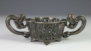 Antique Chinese Silver Bowl With Dragons By Luen Wo