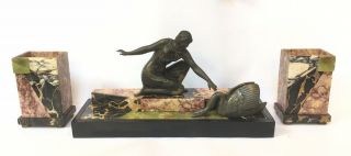 French Art Deco Spelter Lady With Swan On Pink Marble Plinth With Garnitures