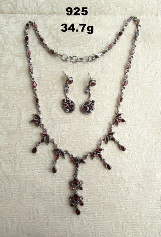 Estate Vintage 925 Sterling Silver Necklace W/ruby Red Stones & Matching Earring