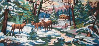 Vintage Completed Needlepoint Tapestry Deer In The Woods In Winter Time 44x20 "