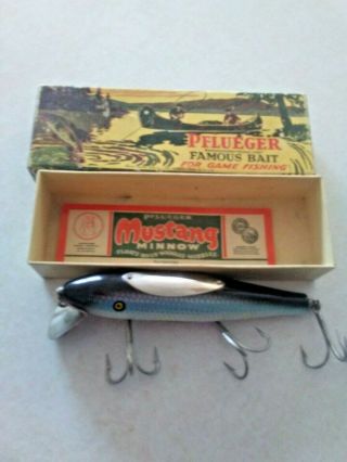 Vintage Pflueger 5 " Mustang Minnow Lure In Blue Mullet,  Box & Paper