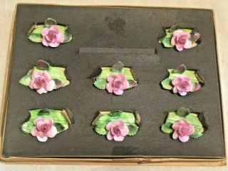8 Staffordshire England Vtg Bone China Porcelain Place Card Holders Pink Roses