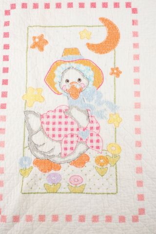 Vintage Completed Cross Stitch Quilted Baby Crib Blanket Quilt Mother Goose