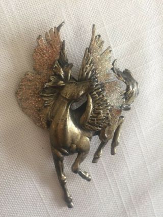 Vintage JJ Jonette Jewelry Brass Gold Glitter Pegasus Winged Unicorn Brooch 2
