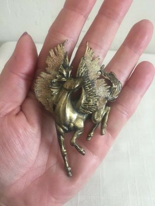 Vintage JJ Jonette Jewelry Brass Gold Glitter Pegasus Winged Unicorn Brooch 3