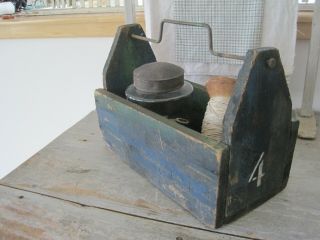 Vintage Primitive Blue Paint Wood Box With Metal Handle Number 4 On Each End