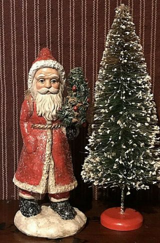 Vintage Chalkware Belsnickle Santa & Antique Christmas Bottlebrush Tree Aafa