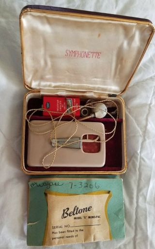 2c 19.  15) Vintage Beltone Hearing Aid Symphonette Mono - Pac Model S,  Orig Case