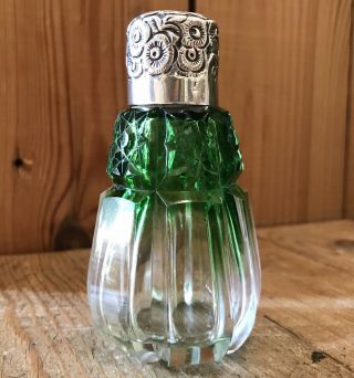 Stunning Antique Graduated Green And Clear Glass Scent Bottle,  Silver Top 1898