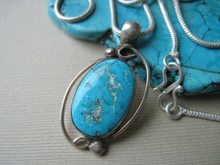 Vintage Navajo Turquoise And Sterling Silver Pendant On A Sterling Necklace