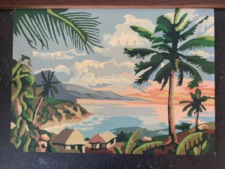 Vintage Paint By Number Painting Tropical Palm Tree Ocean Sunset 10 " X 14 "