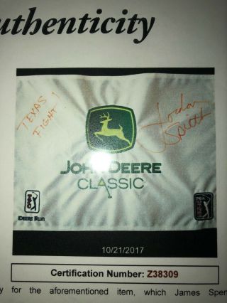 Perfect Full Signature Jordan Spieth Signed John Deere Pin Flag Masters Rare