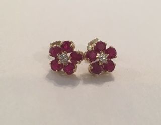 Vintage 14k Yellow Gold Red Ruby & Diamond Flower Floral Earrings