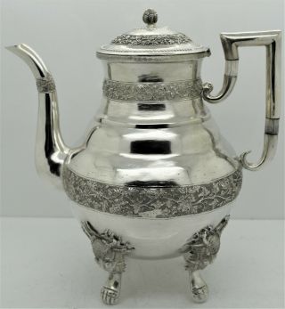 Chinese Export Silver 4 PIECE TEA SERVICE.  FIERCE DRAGON FEET,  FLORAL c.  1900 3