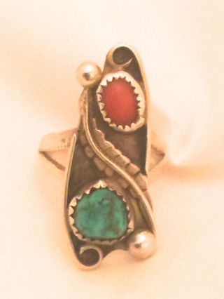 Vintage Sterling Silver Native American Navajo Turquoise Coral Ring Size 5 5.  1g