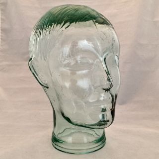 Vintage 10” Green Tinted Clear Glass Male Mannequin Head With Molded Hair