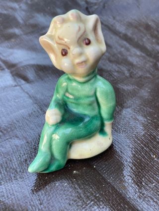 Vintage Ceramic Green Pixie Elf Sitting Figurine Mid - Century