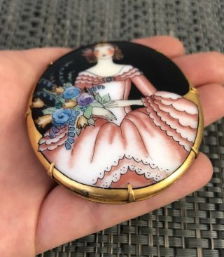 Huge Antique Art Deco French Hand Painted Porcelain & Gold Fill Cameo Brooch 3