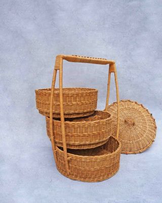 Vintage Chinese Wedding Basket 3 Tier Woven Bamboo Stacking Wicker Sewing Basket