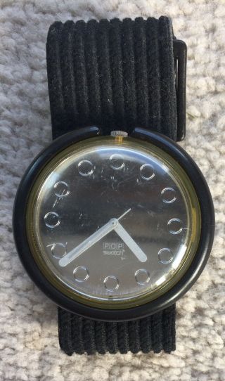 Vintage 1990 Pop Swatch Watch Silversilk Black Swiss Elastic Fabric Band Pwbk129
