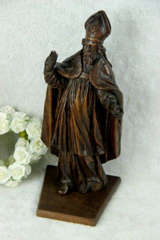 Antique Mid 1800 French Oak Wood Carved Bishop Saint Religious Statue Figurine