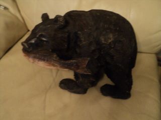 Large Vintage Japanese Hand Carved Wooden Bear With A Fish Signed