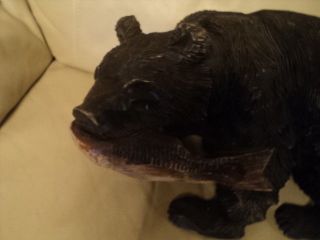 LARGE VINTAGE JAPANESE HAND CARVED WOODEN BEAR WITH A FISH SIGNED 2