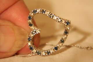 Vintage 14k White Gold Diamond & Sapphire Heart Necklace Pendant & Chain