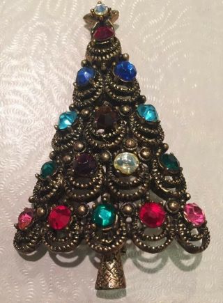 Vintage Hollycraft Christmas Tree Multi - Color Rhinestone Pin Brooch