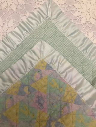 Vintage Baby Blanket Quilted Animals Flannel Green White Gingham Satin Edge