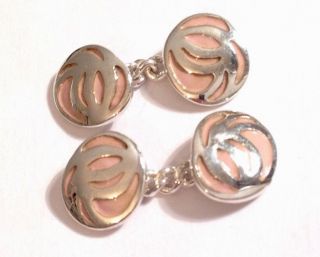 Vintage Ola Gorie Orkney Scottish Silver & Pink Enamel Pair Delicate Cufflinks