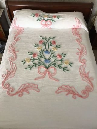 Vintage Chenille Bedspread White W/ Flowers 100” X 90”