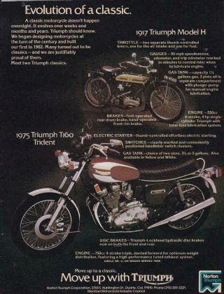 1975 Triumph T160 Trident Motorcycle Ad/ With 1917 Triumph Model H