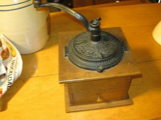 Vintage Antique Cast Iron Wood Hand Crank Coffee Mill Grinder Great