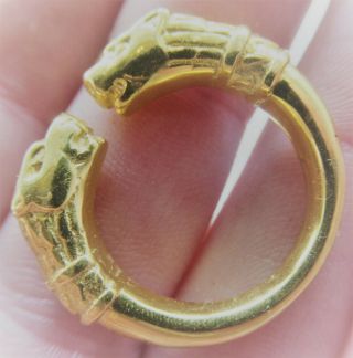 Scarce Ancient Viking High Carat Gold Warriors Ring With Two Lion Heads