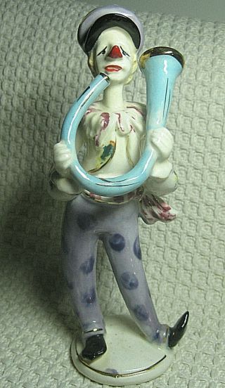 Vintage 9 " Porcelain Clown With Curved Horn,  Made In Japan,  Purple,  Red,  Blue