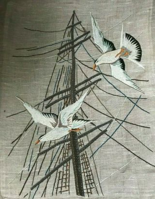 Very Very Large Swedish Vintage 1970s Embroidered Tapestry,  Seagulls Over Mast