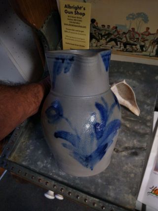 Blue Floral Decorated Stoneware Storage Jar Crock Milk Picture Tulips 10 In 1/4