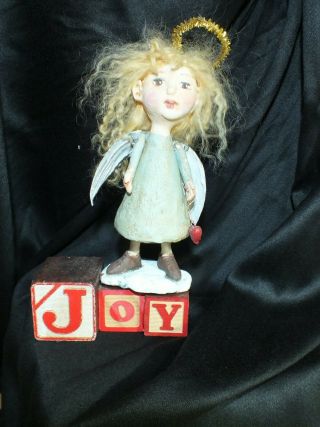 Vintage Hand Carved And Painted Folk Art Angel On Blocks That Say’s “joy”