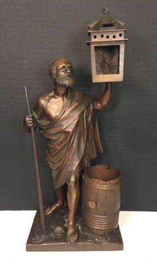 Antique Bronze Inkwell Full Figural Man Holding Lantern And Oaken Barrel 1 Of 2